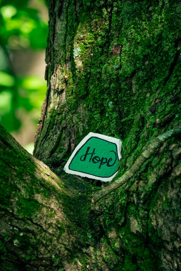 A lush tree trunk with moss displaying a hand-painted 'Hope' message, symbolizing positivity.