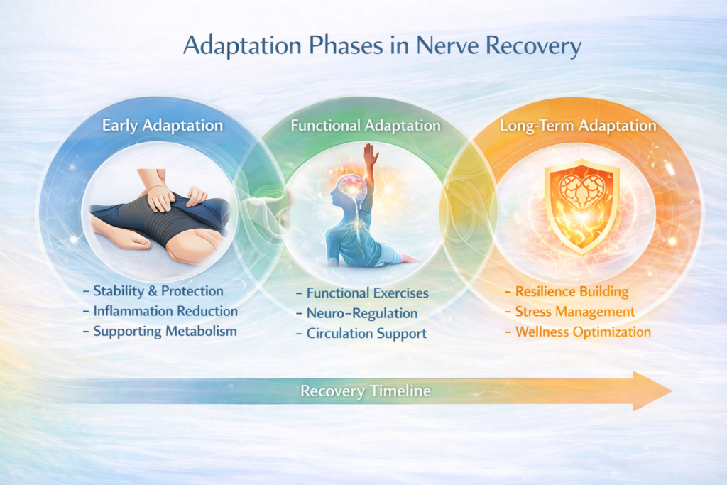 Nerve recovery protocol adaptation infographic showing early, functional, and long-term healing phases.