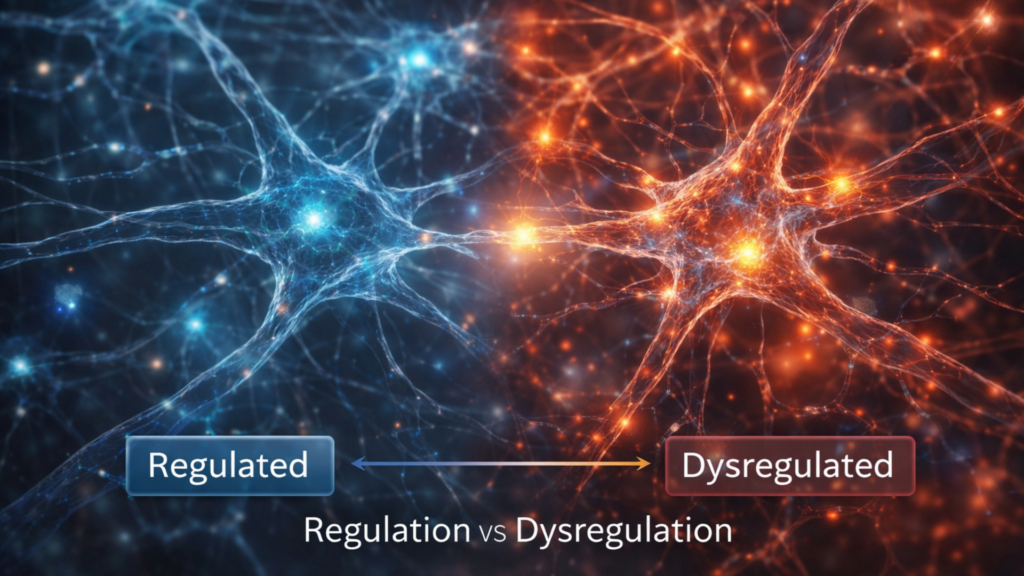 Comparison of regulated vs dysregulated nervous system showing neural signaling balance and stress response differences