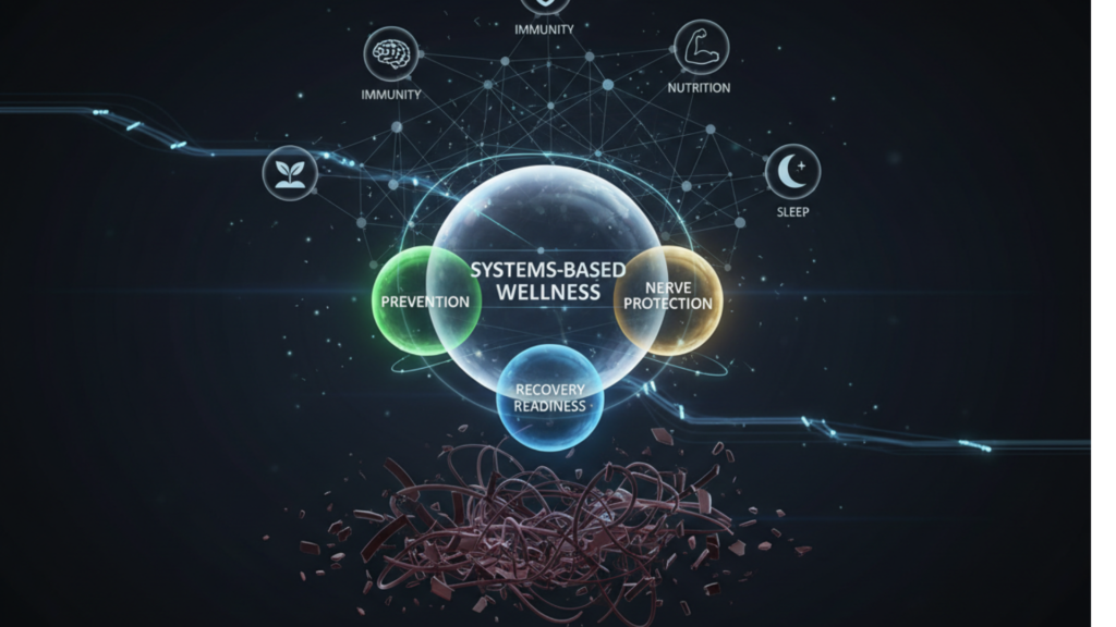 Infographic illustrating biological root causes of nerve damage including inflammation, metabolic stress, and structural compression
