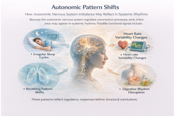 autonomic-pattern-shifts-infographic-3x2. Infographic showing how autonomic nervous system imbalance may affect sleep cycles, heart rate variability, digestion, and breathing patterns.