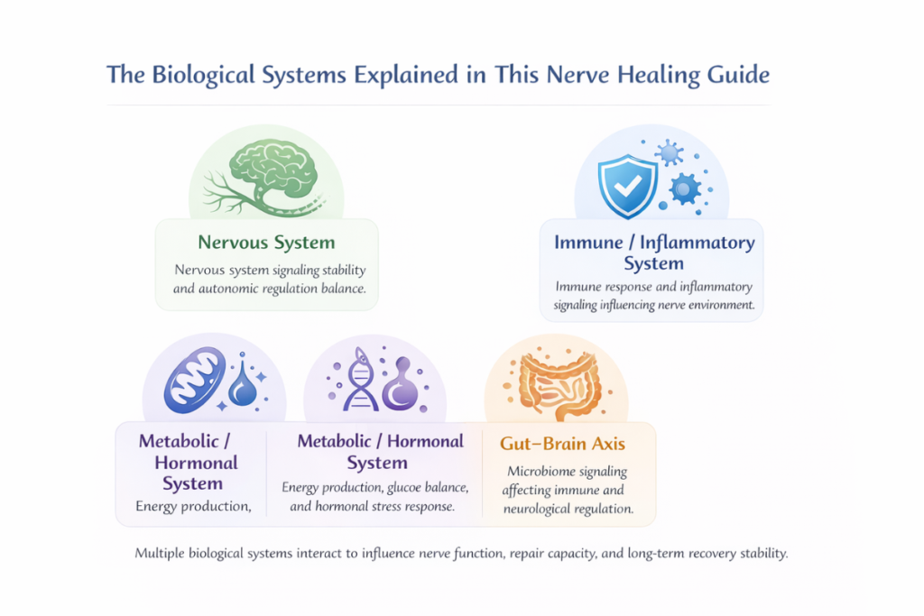 Icon grid illustrating biological systems that influence nerve health including nervous system regulation, immune response, metabolic and hormonal balance, and gut–brain axis communication.