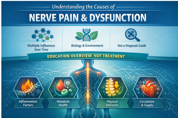 Educational infographic illustrating the biological and systemic causes of nerve pain and dysfunction, including inflammation, metabolic factors, structural stress, and circulation.