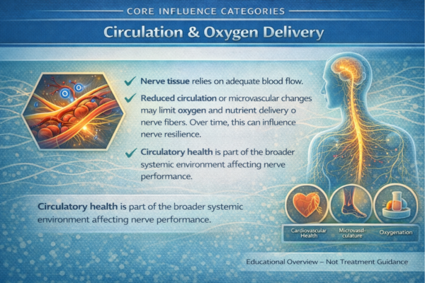 Educational infographic explaining how blood circulation and oxygen delivery may influence nerve health and nerve resilience over time.