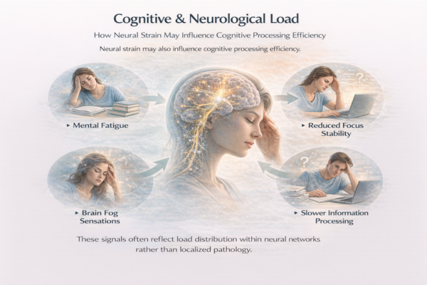cognitive-neurological-load-infographic-3x2. Infographic showing how neural strain can affect cognition including mental fatigue, brain fog, reduced focus, and slower processing.