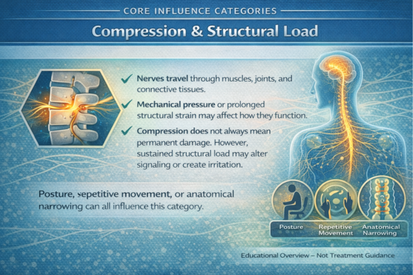 Educational infographic explaining how mechanical pressure and structural load may influence nerve function, including posture, repetitive movement, and anatomical narrowing.