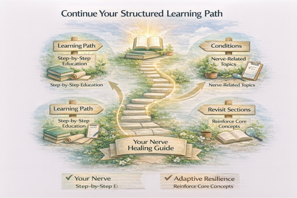 Infographic showing a structured learning path for nerve healing education, connecting the learning path, conditions topics, and continued recovery understanding.