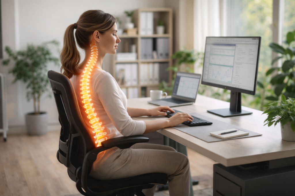 environmental nerve protection ergonomic workspace. Ergonomic workspace setup supporting environmental nerve protection and healthy spinal posture