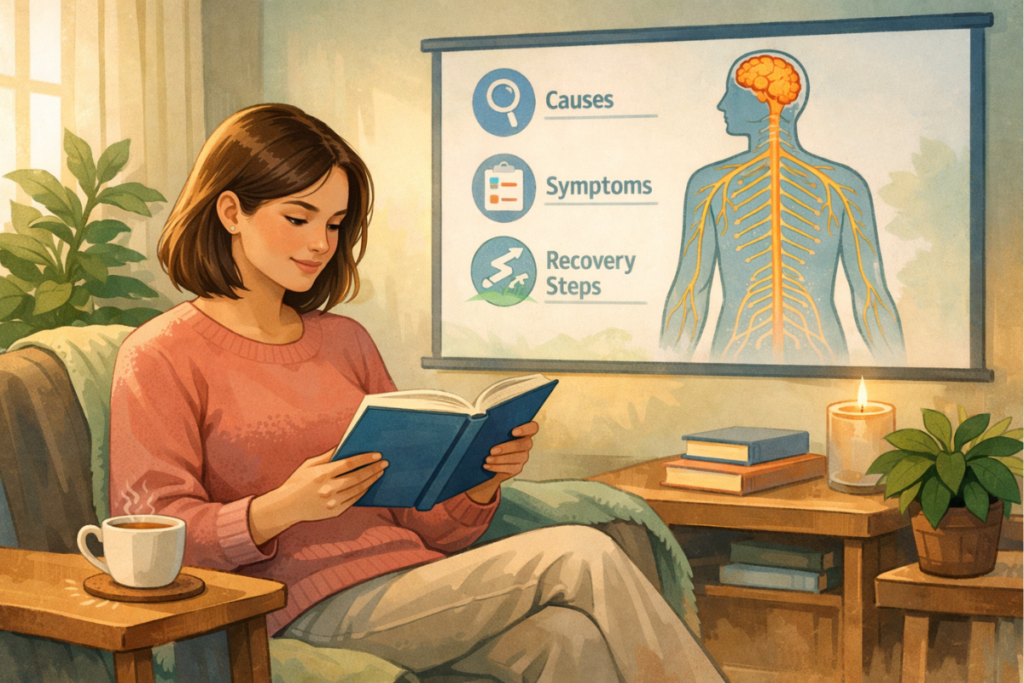 free nerve healing starter guide education hero illustration. Illustration showing a person learning about nerve health through structured education, with a visual nervous system diagram representing symptoms, causes, and recovery understanding.