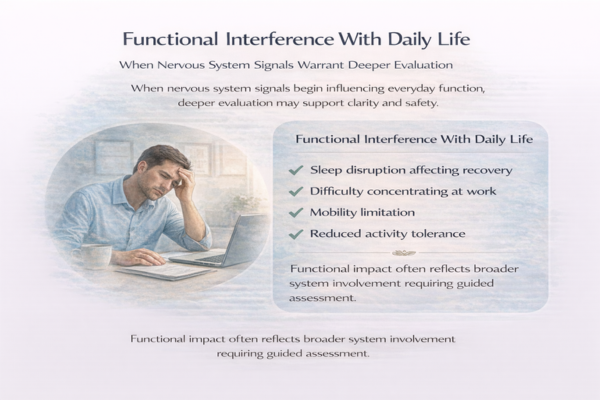 functional-interference-daily-life-infographic-3x2. Infographic showing how nervous system issues can affect sleep, concentration, mobility, and daily activity tolerance.