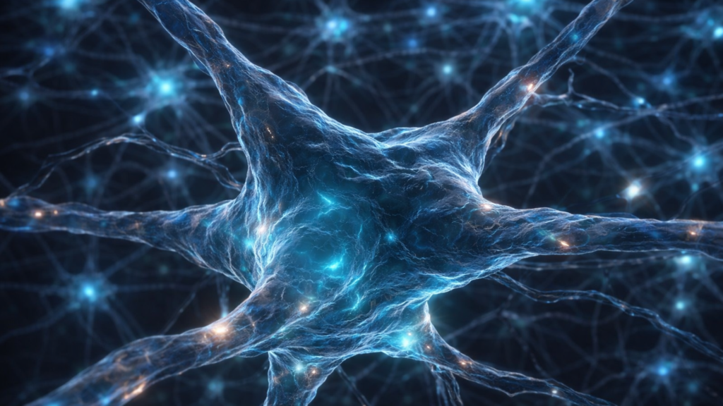 glowing neuron neural network nervous system regulation. Glowing neuron in neural network illustrating nervous system regulation and neural signaling activity