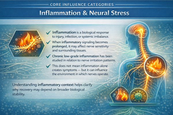 Educational infographic explaining inflammation and neural stress as influencing factors in nerve health, showing inflammatory signaling and its potential impact on nerve sensitivity.