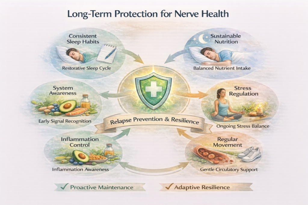 Infographic showing long-term protection factors for nerve health, including sleep habits, nutrition, stress regulation, inflammation control, movement, and system awareness.