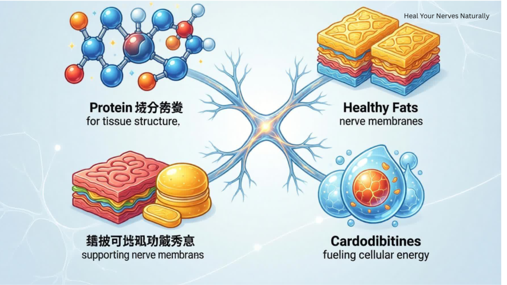 Infographic showing dietary nutrients including proteins, fats, vitamins, and minerals supporting nerve repair.
