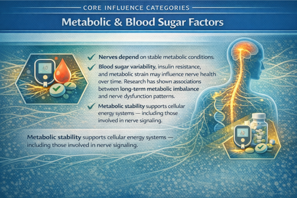 Educational infographic explaining how metabolic stability and blood sugar balance may influence nerve health and nerve signaling over time.