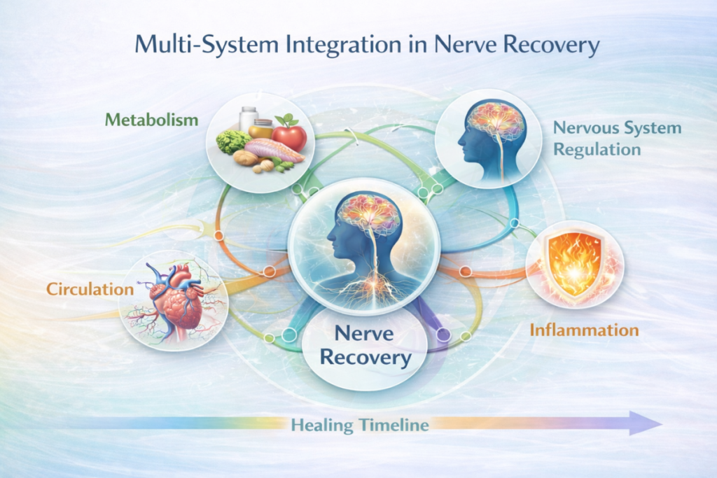 Multi-system integration infographic showing metabolism, circulation, neuroregulation, inflammation, and lifestyle in nerve recovery.