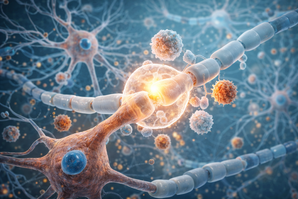 nerve cell biological protection myelin. Microscopic view showing biological nerve protection through healthy myelin sheath and neuron structure