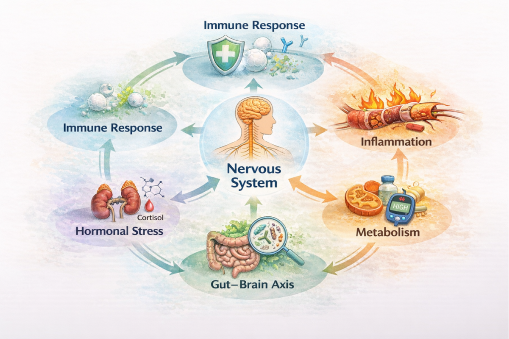 Educational diagram showing how the nervous system interacts with immune response, inflammation, metabolism, hormonal stress, and the gut–brain axis to influence nerve function.