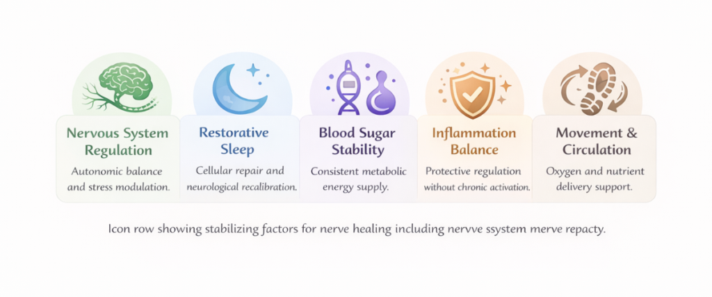 Icon row showing stabilizing factors for nerve healing including nervous system regulation, restorative sleep, blood sugar stability, inflammation balance, and movement and circulation support.