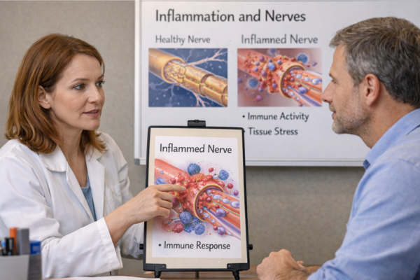 nerve inflammation neural environment education. Doctor explaining inflamed nerve tissue and immune response interaction to a patient using a medical diagram.
