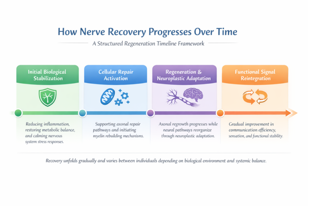 Regeneration timeline showing stages of nerve recovery including stabilization, cellular repair, axonal regrowth, neuroplastic adaptation, and functional reintegration.