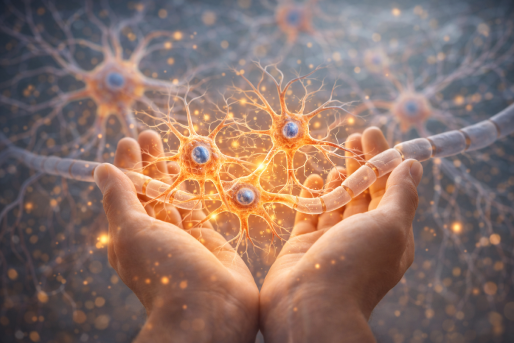 nerve recovery sustainability long term protection. Hands supporting healthy neurons symbolizing long-term nerve recovery sustainability and protection