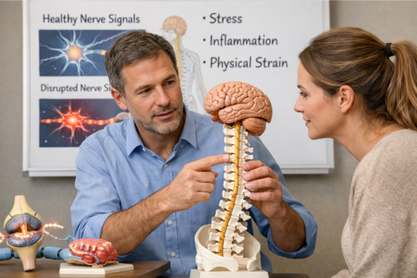 nerve signal communication human education. Doctor explaining nerve signal communication using a brain and spine model to demonstrate how the nervous system transmits signals.