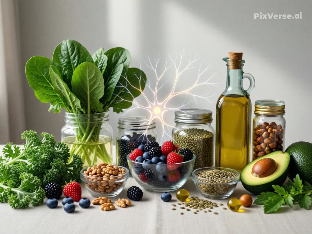 Nerve Support Nutrition Education Foods Illustration Nutrition support for nerve health education illustration showing nutrient-rich foods for nerve repair