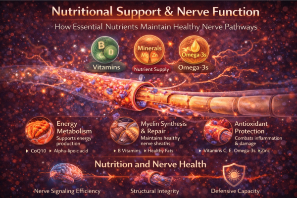 nutritional support nerve function infographic 3x2. Infographic showing how nutrients like vitamins, minerals, and omega-3s support nerve signaling and structural integrity.