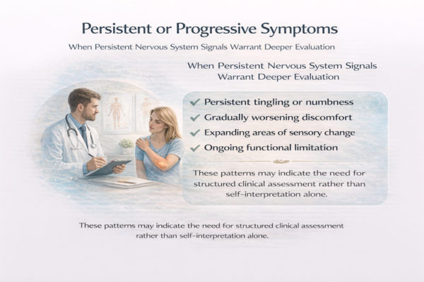 persistent-progressive-symptoms-infographic-3x2. Infographic showing persistent tingling, worsening discomfort, sensory changes, and functional limitation as signals for neurological evaluation.