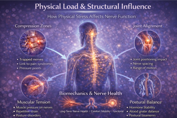 physical-load-structural-influence-infographic-3x2. Infographic showing how posture, muscular tension, and compression zones affect nerve pathways and structural nerve health.