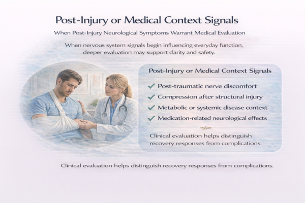 post-injury-medical-context-signals-infographic-3x2. Infographic showing neurological symptoms after injury, surgery, illness, or medication that may require clinical evaluation.