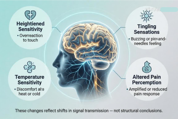 sensory-processing-changes-infographic. Infographic showing how nervous system strain can affect sensory perception including touch sensitivity, tingling, temperature response, and pain signaling.