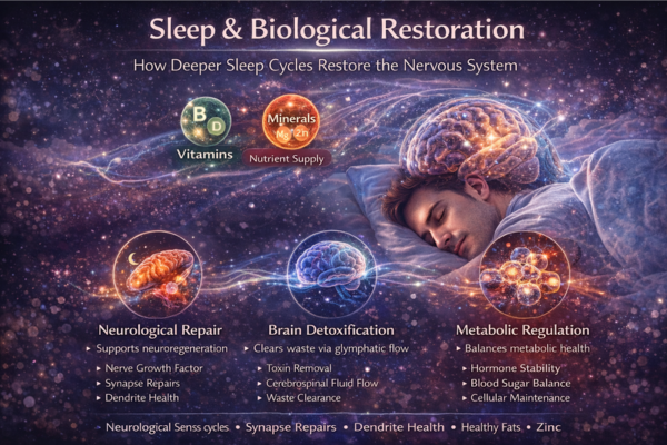 sleep biological restoration infographic 3x2. Infographic showing how deep sleep supports neurological repair, brain detoxification, and metabolic restoration.