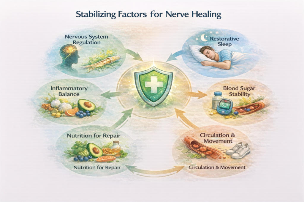 Infographic showing stabilizing factors for nerve healing, including nervous system regulation, restorative sleep, blood sugar stability, inflammation balance, nutrition, circulation, and stress reduction.