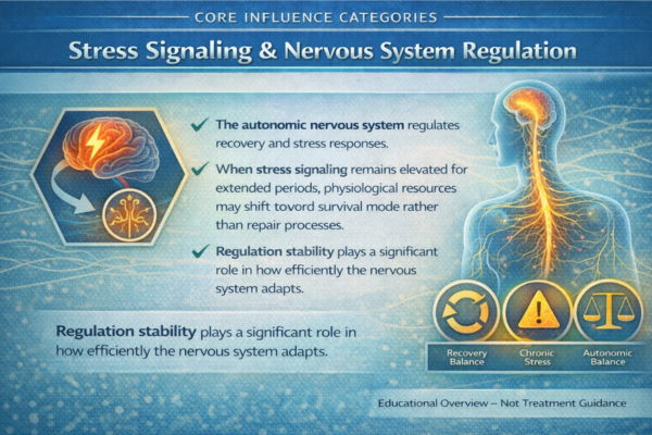 Educational infographic explaining how stress signaling and autonomic nervous system regulation may influence recovery processes and nerve adaptation.