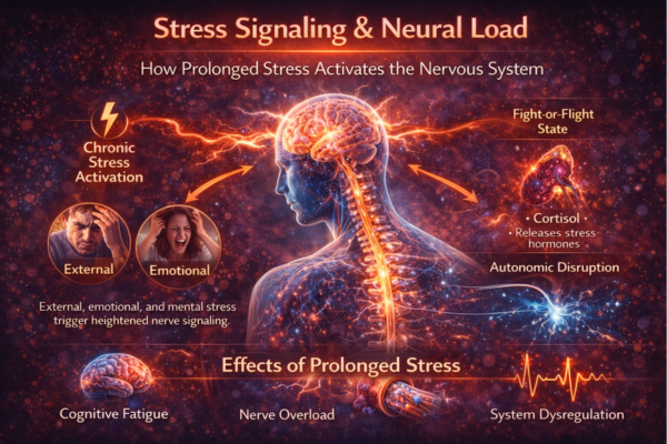 stress signaling neural load infographic 3x2. Infographic showing how chronic stress signaling affects neural communication, autonomic balance, and nervous system load.
