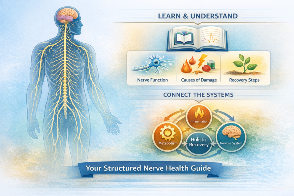 Structured nerve health education illustration showing the human nervous system, nerve function, damage causes, and recovery learning framework.