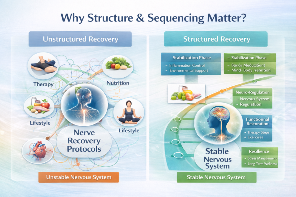 Structured vs unstructured nerve recovery infographic showing sequencing impact on nervous system stability.