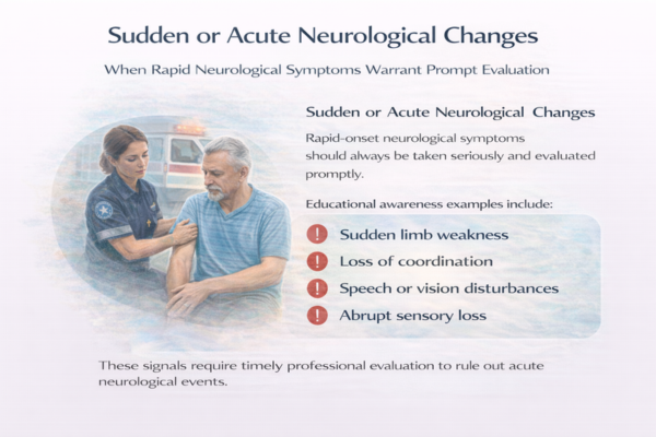sudden-acute-neurological-changes-infographic-3x2. Infographic showing sudden neurological symptoms including limb weakness, coordination loss, speech disturbance, and sensory loss requiring urgent evaluation.