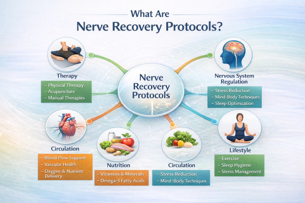 What nerve recovery protocols are — infographic showing integrated therapy, nutrition, nervous system regulation, circulation, and lifestyle systems.