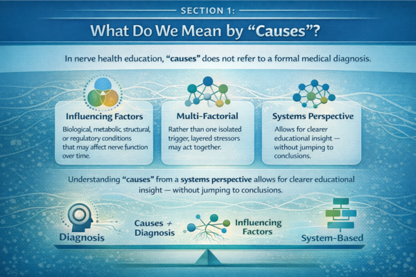 Educational infographic explaining what “causes” means in nerve health education, highlighting influencing factors such as biological, metabolic, structural, and regulatory conditions.