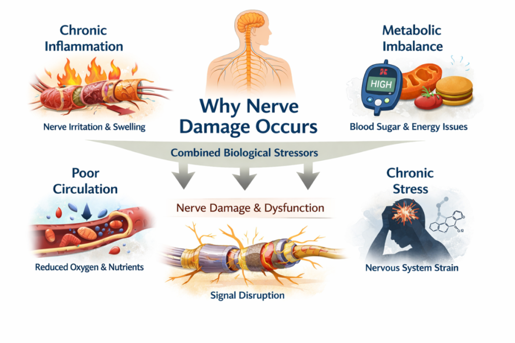 Infographic explaining how nerve recovery occurs through axonal regeneration, myelin repair, neuroplasticity, and supportive biological environments.