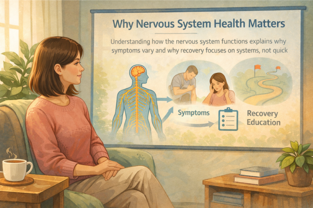why nervous system health matters education illustration. Illustration explaining why nervous system health matters, showing a visual nervous system diagram connected to symptoms and recovery education in a calm learning setting.