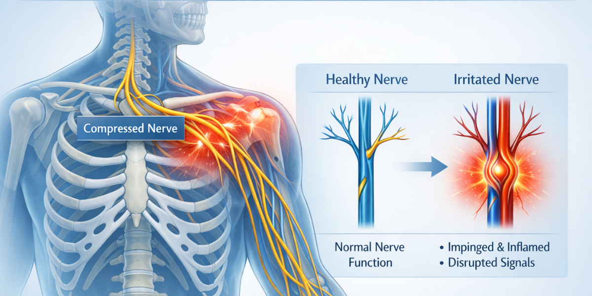 post injury nerve damage infographic showing shoulder nerve compression and comparison between healthy nerve and irritated nerve