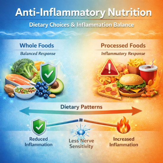 Anti inflammatory nutrition diagram showing whole foods supporting reduced inflammation and processed foods increasing inflammation and nerve sensitivity