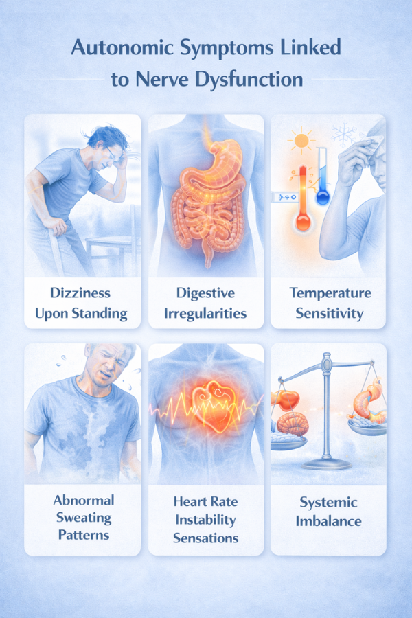 Vertical infographic showing autonomic symptoms of nerve dysfunction including dizziness upon standing, digestive irregularities, temperature sensitivity, abnormal sweating, and heart rate instability.