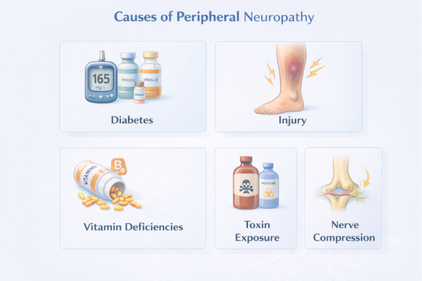 Major causes of peripheral neuropathy including diabetes, injury, vitamin deficiencies, toxin exposure, and nerve compression