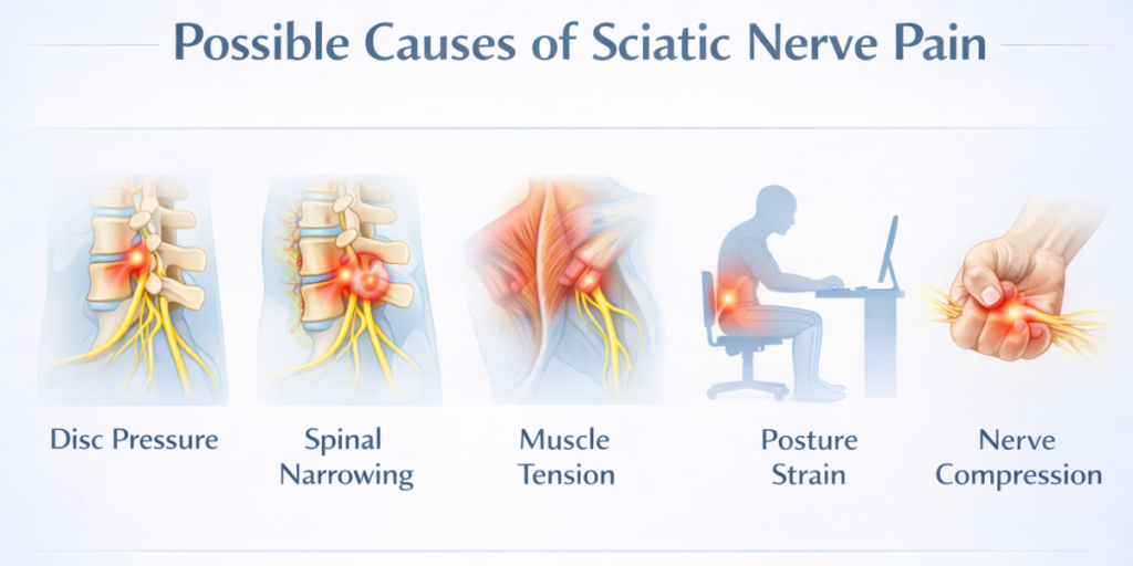 causes-of-sciatic-nerve-pain-infographic possible causes of sciatic nerve pain including spinal disc pressure muscle tension posture strain and nerve compression