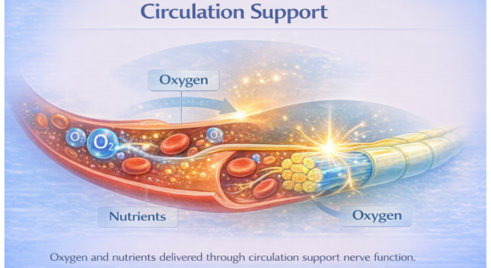 Infographic showing circulation support delivering oxygen and nutrients to nerve tissue for proper nerve function